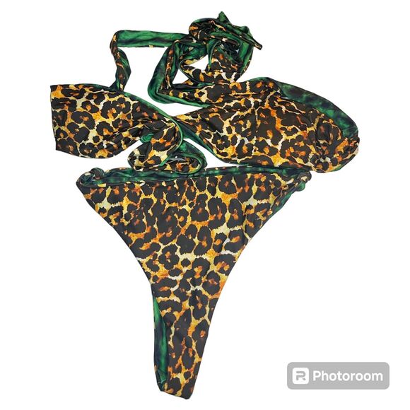 AMI CLUBWEAR Womens Size Large Leopard Print Reversible Green 2 Piece Bikini - Picture 4 of 7